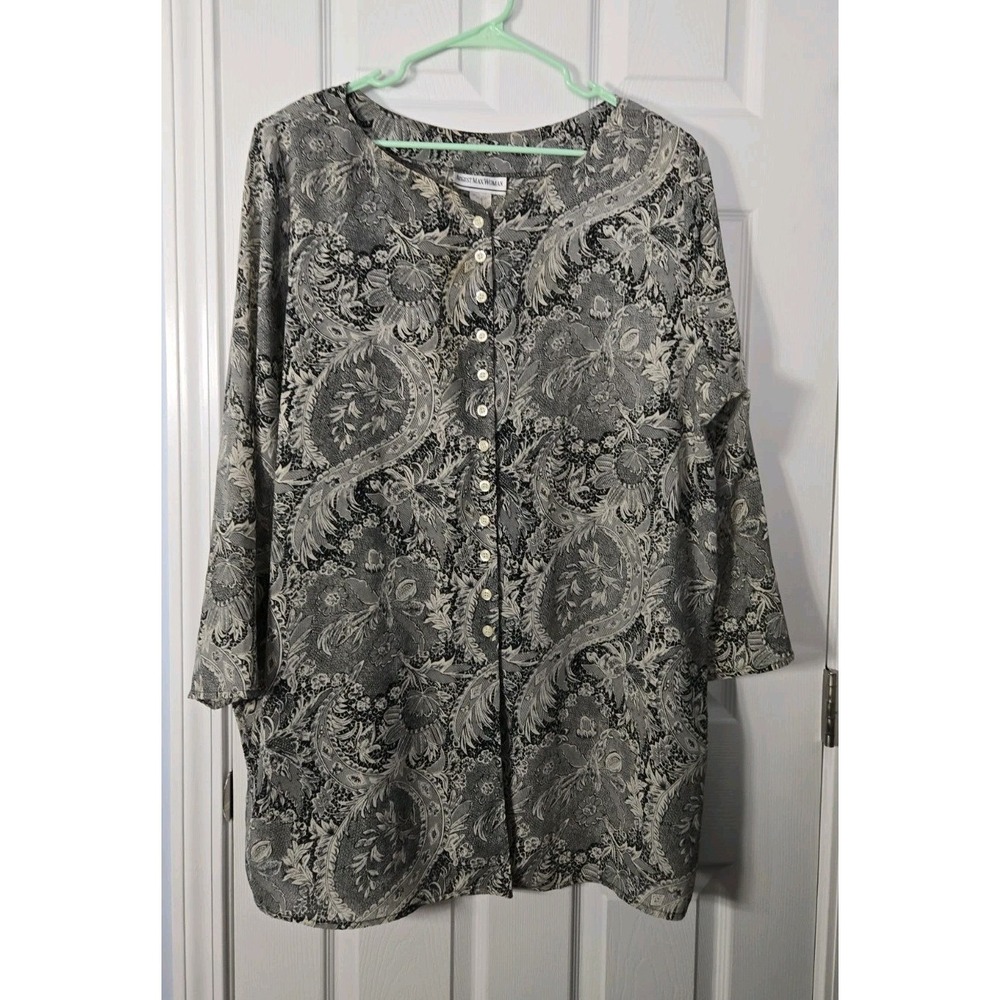 August Max Womans‎ Plus-size Blouse 3/4 Sleeves Floral Beige & Black